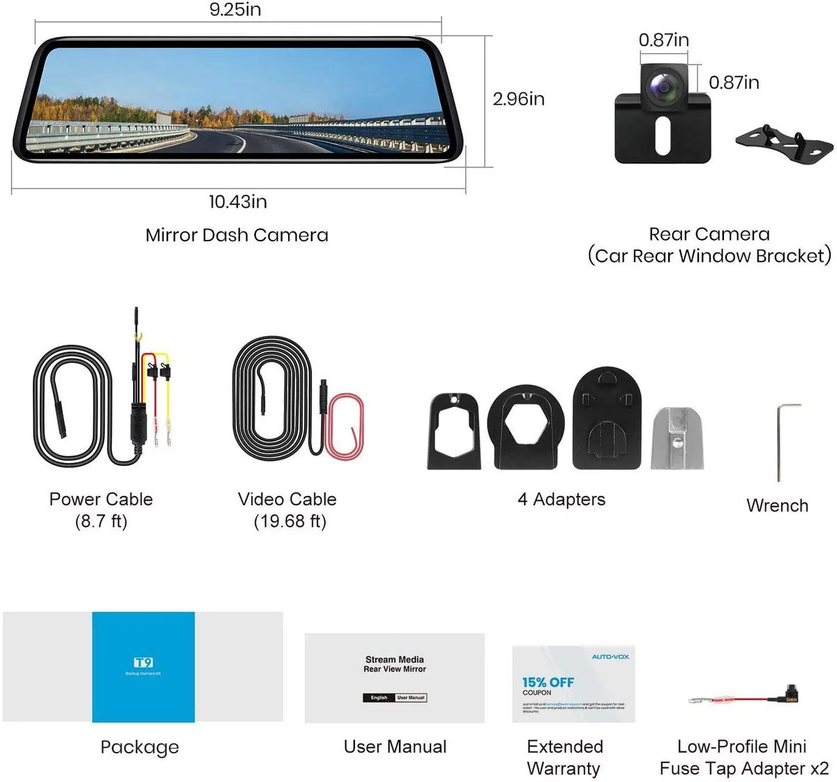 Auto-Vox Rear View Mirror Monitor 9.35'' Touch Monitor 1080P Backup Camera Driving Recorder for Truck