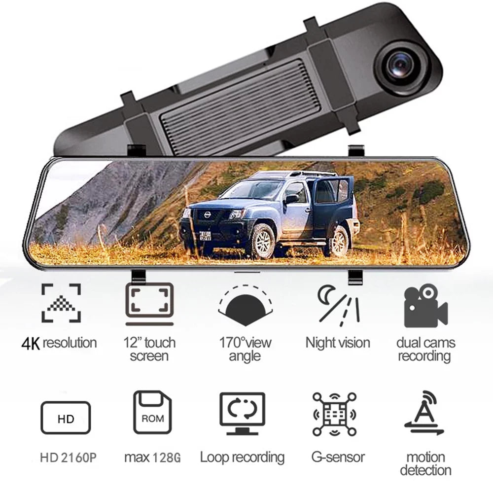 Paddsun 4K 12" Dash Cam Mirror GPS WiFi Voice Control Car Rear View Backup Dual Camera