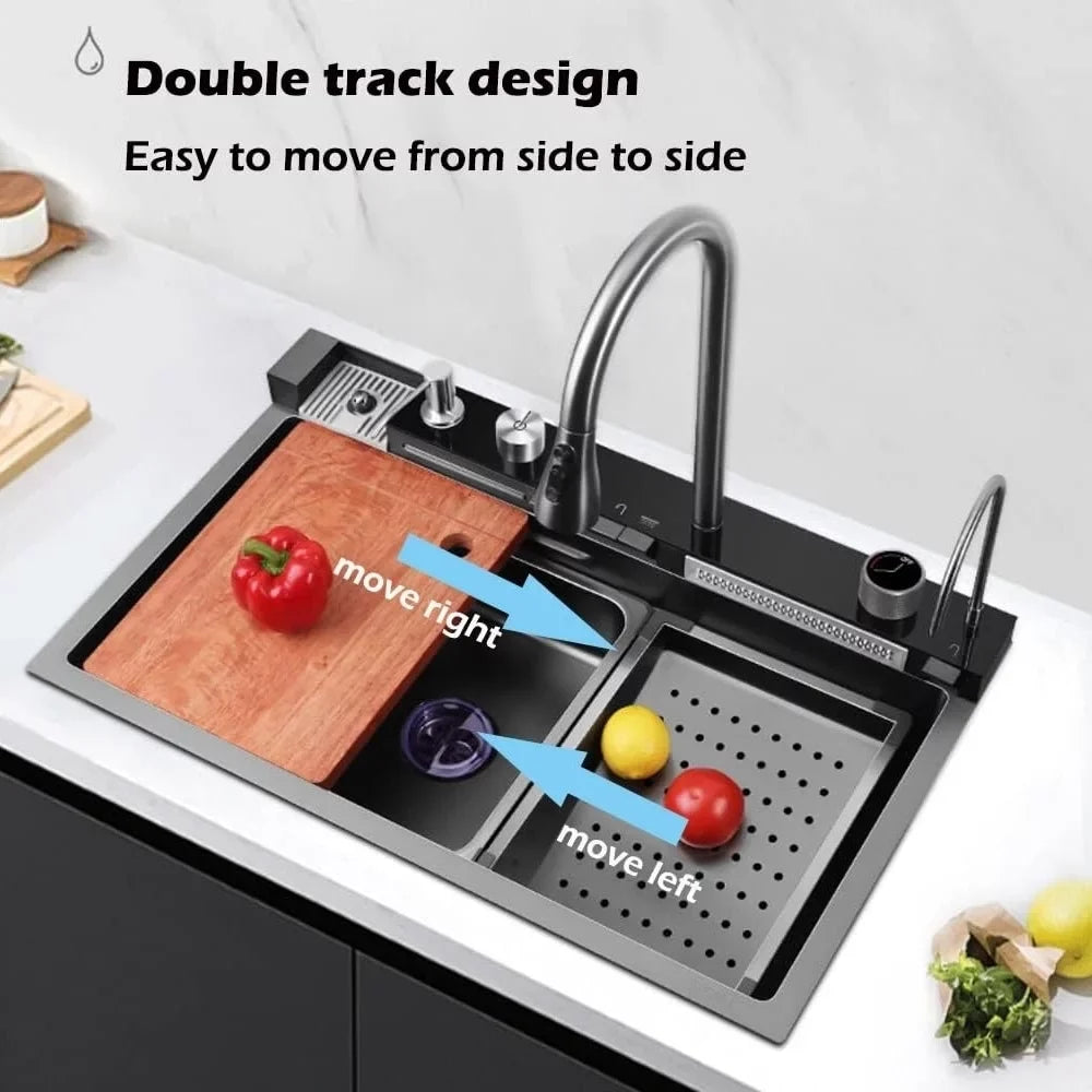 Nano Black Flying Rain Liquid Sink Household SinkIntegrated Sink with Pull-Out Tap Set 29.5 INCH